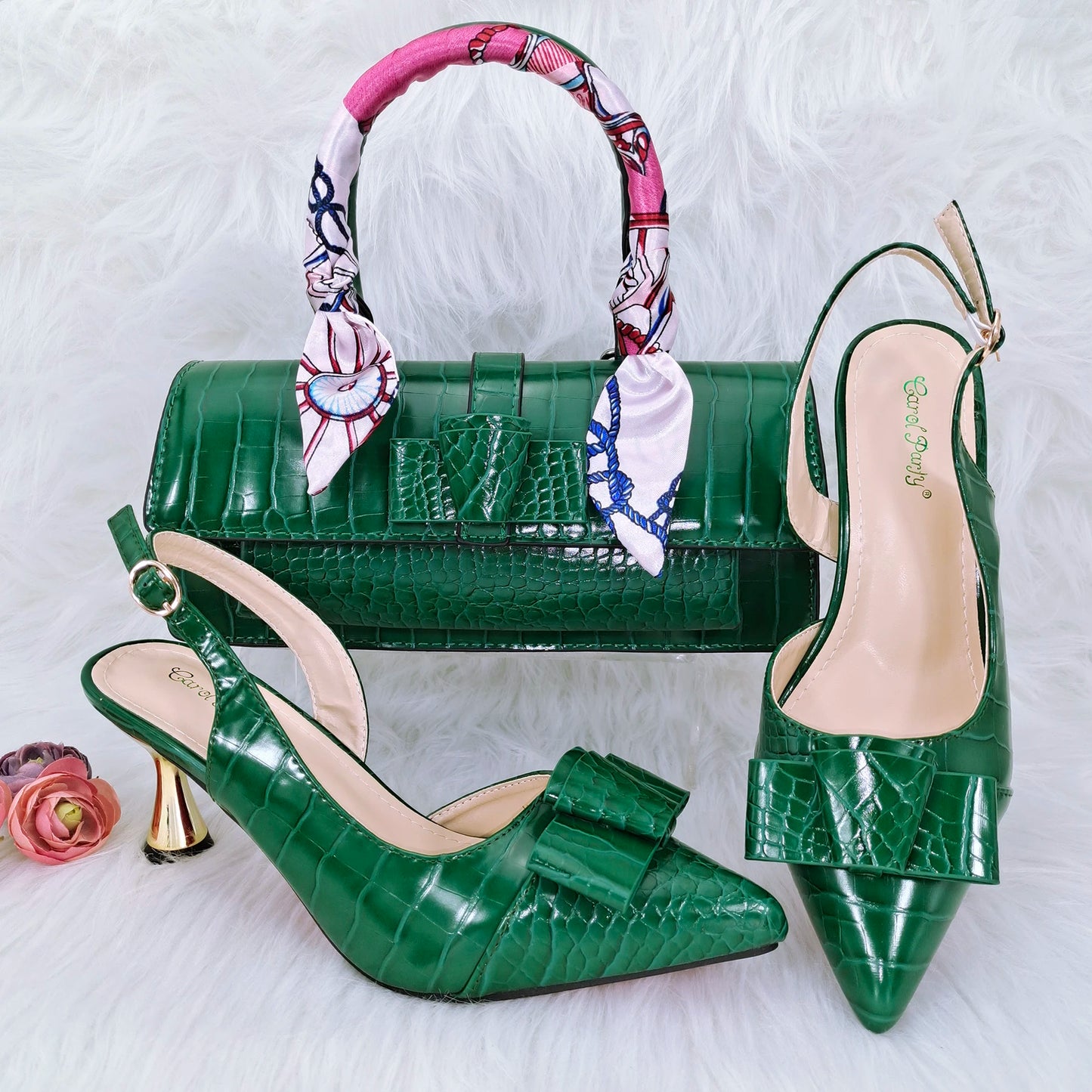 Ensemble de sacs en cuir miroir, nouveau design italien, nœud en tissu, embellissement ruban, poignée pointue Parker, talons hauts