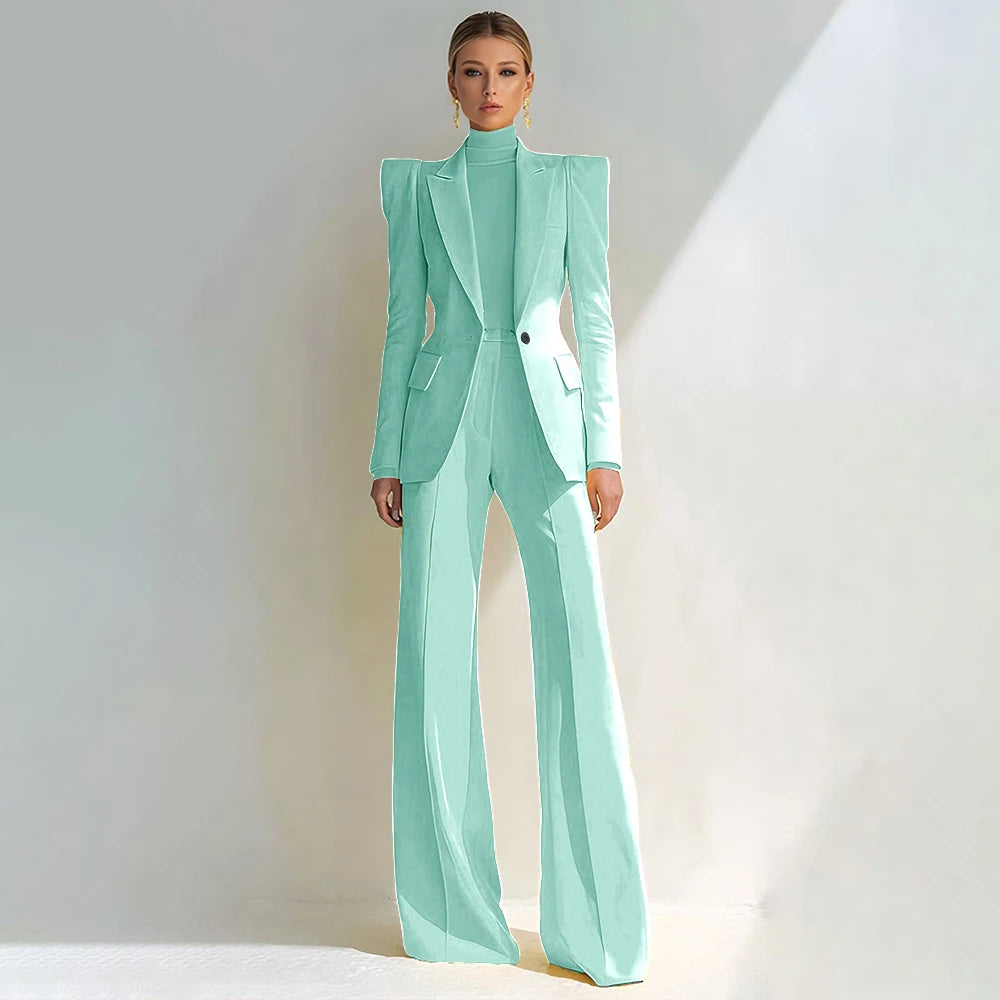 Costume rouge professionnel pour femmes, revers à pointe, bouton unique, Blazer élégant et pantalon évasé, ensemble 2 pièces, vêtements de bureau formels