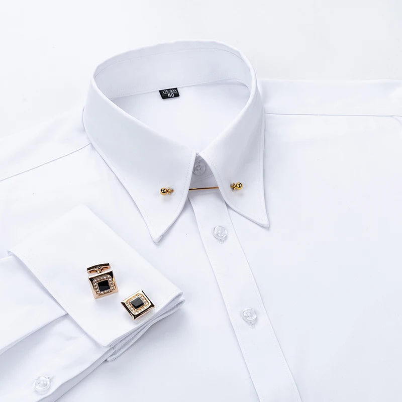 Boutons de manchette français brodés pour hommes, chemise à manches longues avec épingles à col, chemise habillée à grand col pour vêtements de cérémonie d'affaires, Gentlema