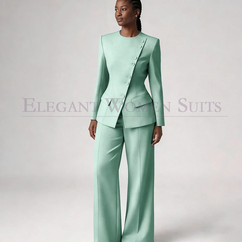 Costume de mode pour femme, blazer à simple boutonnage, col rond, longueur standard, ensemble 2 pièces veste et pantalon, tenue formelle de luxe