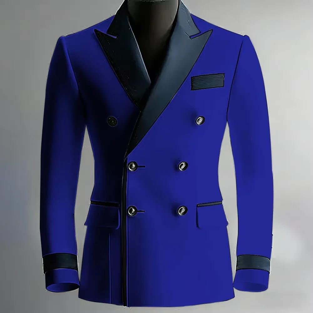Blazer de costume élégant pour homme en serge, classique, croisé, coupe ajustée, avec revers à pointe noirs, veste formelle pour affaires, décontracté ou soirée