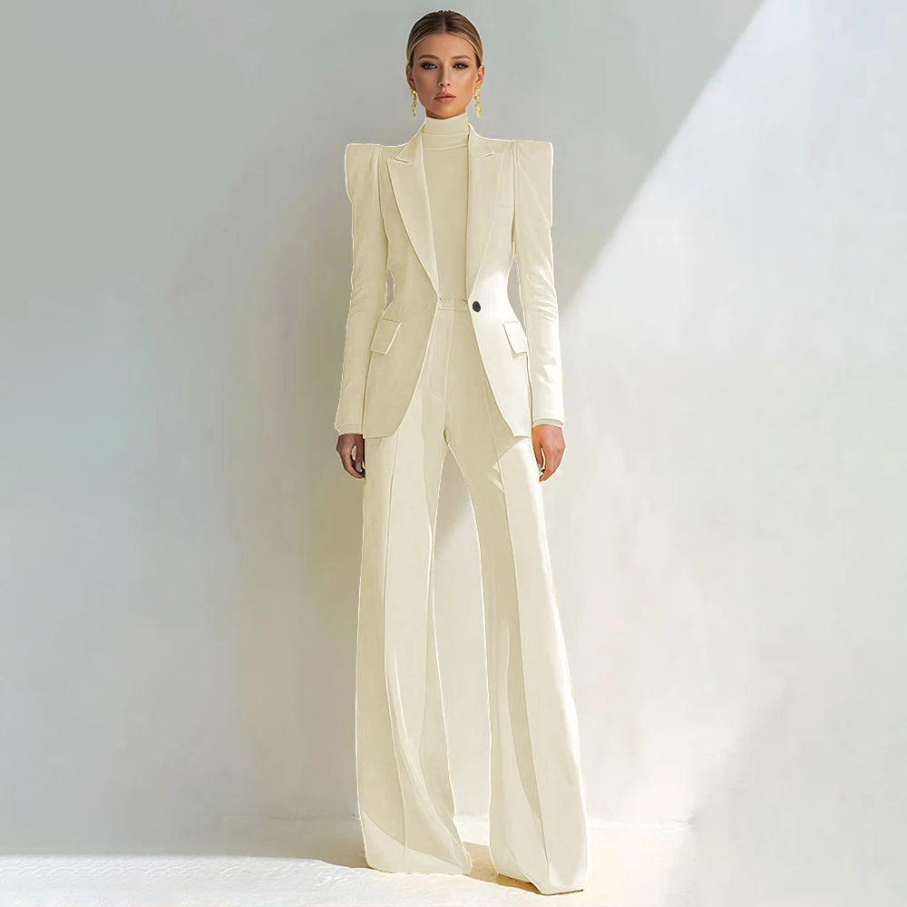 Costume rouge professionnel pour femmes, revers à pointe, bouton unique, Blazer élégant et pantalon évasé, ensemble 2 pièces, vêtements de bureau formels