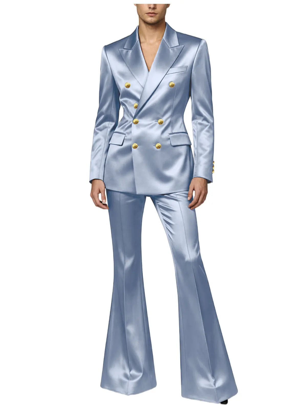 Ensemble de costume satiné croisé pour homme, 2 pièces, revers cranté, blazer à boutons dorés, pantalon évasé, tenue formelle pour mariage, bal de promo, soirée, ou marié