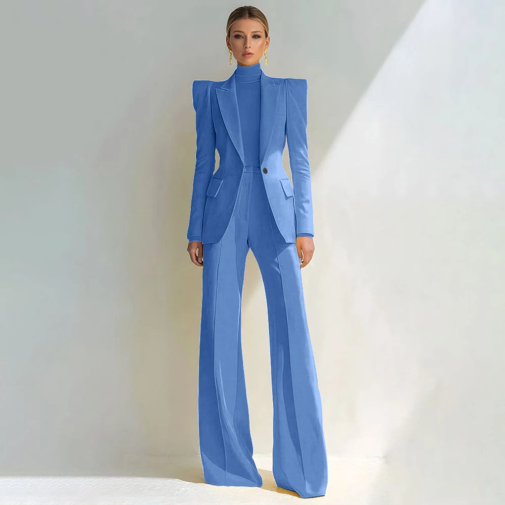 Costume rouge professionnel pour femmes, revers à pointe, bouton unique, Blazer élégant et pantalon évasé, ensemble 2 pièces, vêtements de bureau formels