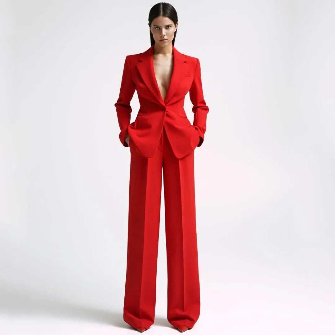 Costume 2 pièces rouge avec revers pour femmes, bouton unique, pour fête de mariage, travail d'affaires, trajet quotidien, Shopping décontracté, Blazer et pantalon