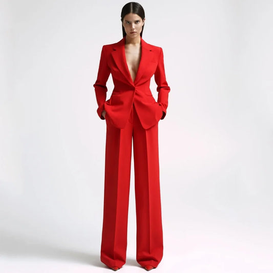 Costume 2 pièces rouge avec revers pour femmes, bouton unique, pour fête de mariage, travail d'affaires, trajet quotidien, Shopping décontracté, Blazer et pantalon