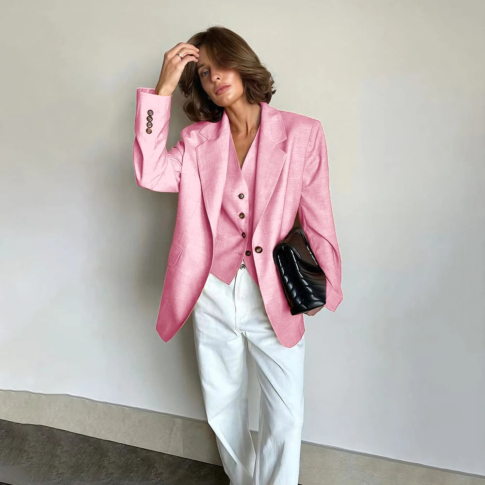 Slim Fit Women's Suits Linen Three Pieces Pant Sets High-end Single Button Notch Lapel Blazer Elegant Daily Business Office Wear