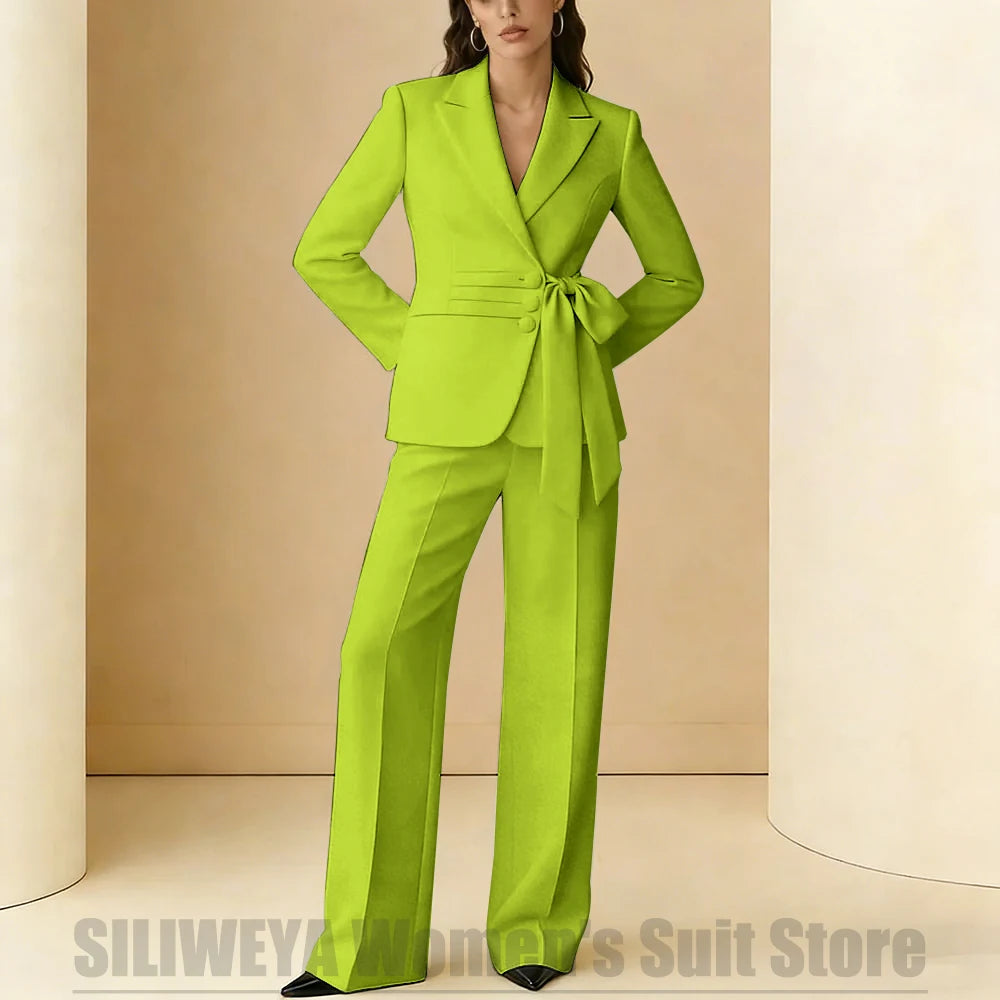 Costume 2 pièces pour femmes, Design avec ceinture à nœud, tenue formelle pour fête de mariage, bal de promo, bureau, mode, revers, costumes quotidiens décontractés pour dames