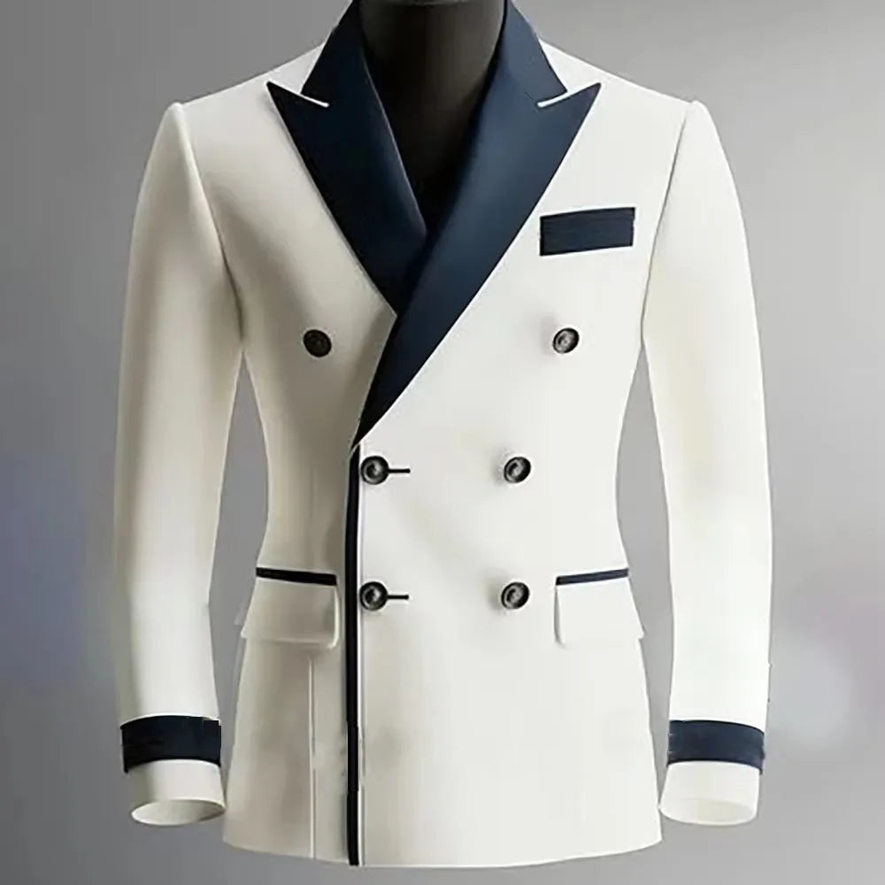 Blazer de costume élégant pour homme en serge, classique, croisé, coupe ajustée, avec revers à pointe noirs, veste formelle pour affaires, décontracté ou soirée