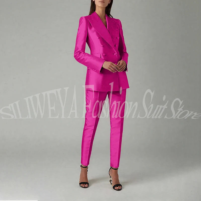 Ensemble blazer et pantalon à double boutonnage pour femme, rose brillant, vêtements élégants pour femme, coupe couvertes, tenue de bureau, luxe, 2 pièces