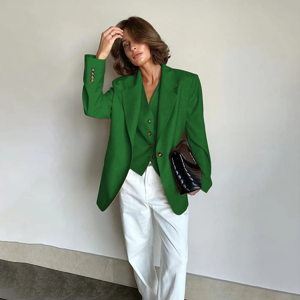 Slim Fit Women's Suits Linen Three Pieces Pant Sets High-end Single Button Notch Lapel Blazer Elegant Daily Business Office Wear