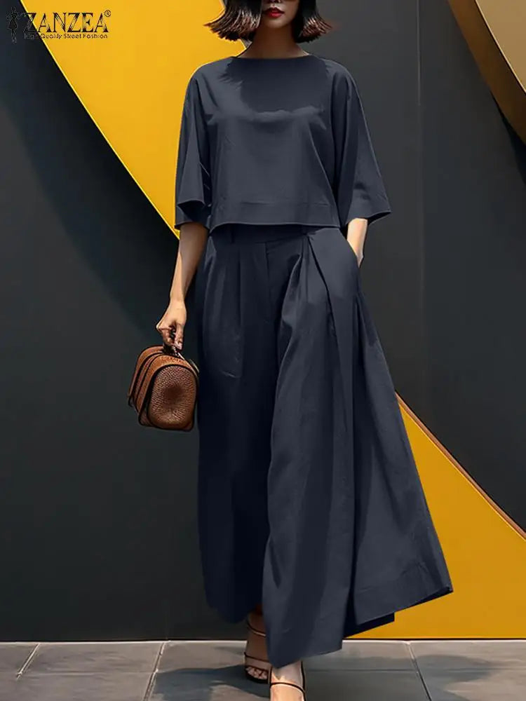 Mode été 3/4 manches Blouse pantalon costumes ZANZEA élégant femmes pantalons à jambes larges ensembles 2 pièces tenues décontractées travail OL survêtement