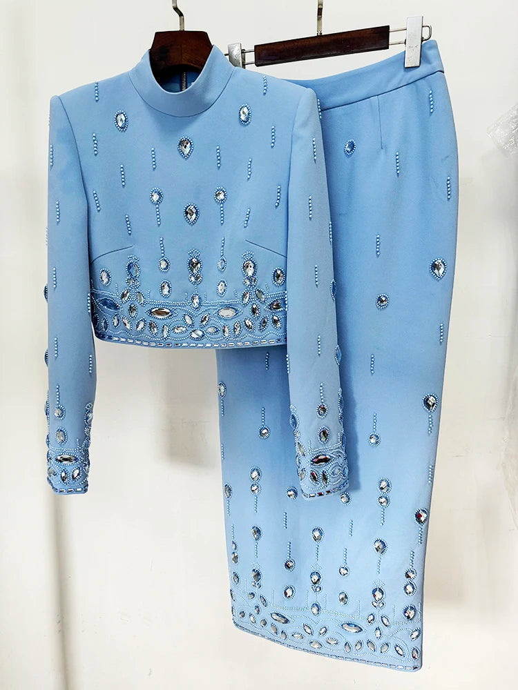 HIGH STREET Nouvelle Collection 2026 Ensemble de Créateur de Défilé de Mode pour Femme, Haut court à col montant et fermeture éclair au dos, et Jupe longue, 2 pièces
