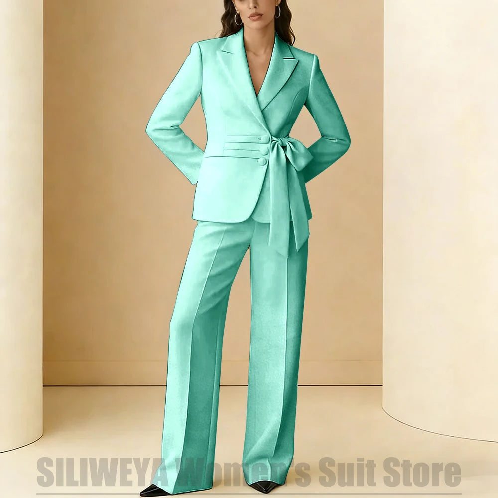 Costume 2 pièces pour femmes, Design avec ceinture à nœud, tenue formelle pour fête de mariage, bal de promo, bureau, mode, revers, costumes quotidiens décontractés pour dames