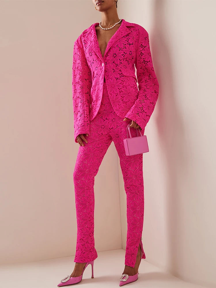 HIGH STREET Nouveauté 2026 Ensemble de costume de mode de défilé de créateur pour femme, Blazer en dentelle guipure à bouton unique et pantalon crayon, 2 pièces