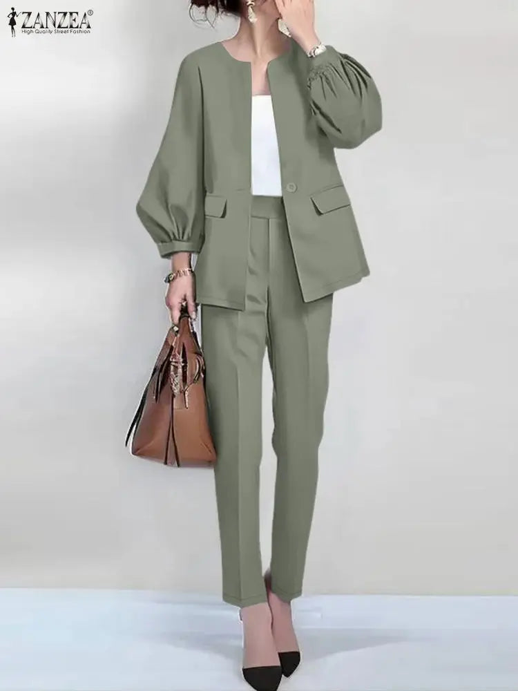 Femmes mode 2 pièces pantalon ensembles élégant col rond lanterne manches vêtements d'extérieur et crayon pantalon costumes ZANZEA printemps 2026 femme tenues