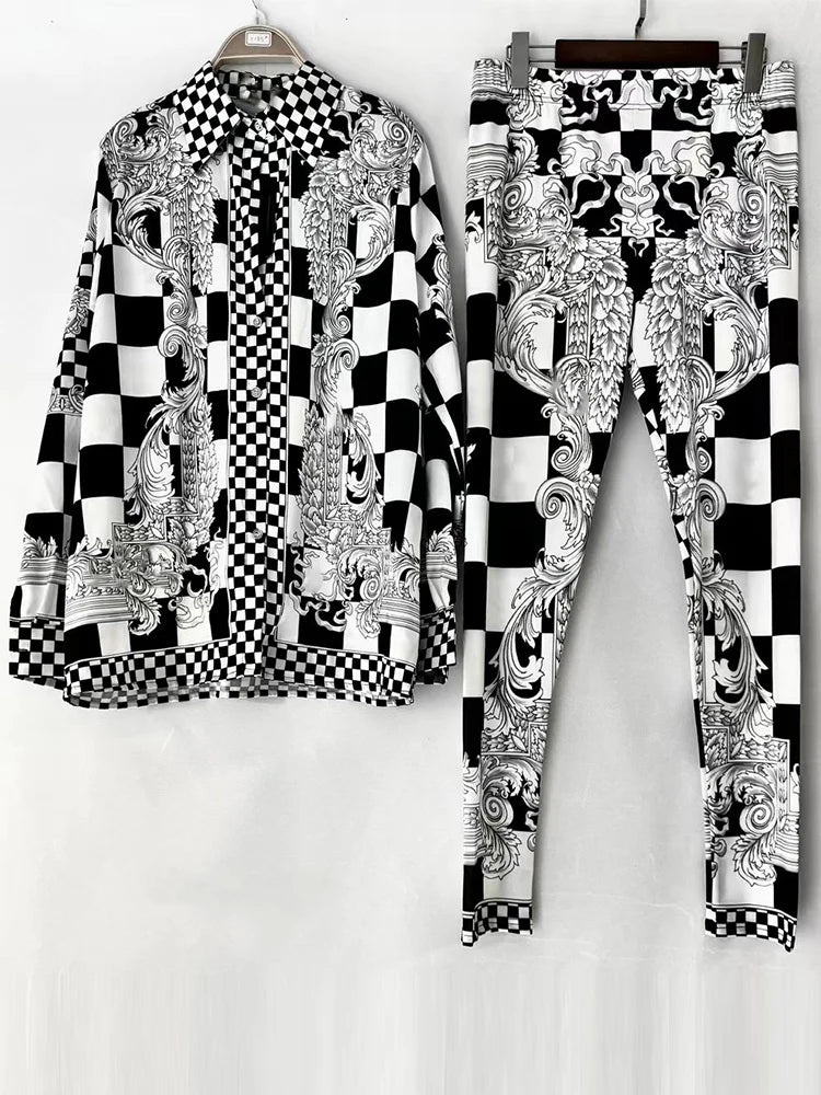 Chemise à manches longues à revers imprimé rétro pour femmes, nouveau costume + taille élastique, pantalon slim, pieds élastiques, costume deux pièces à la mode, printemps 2025