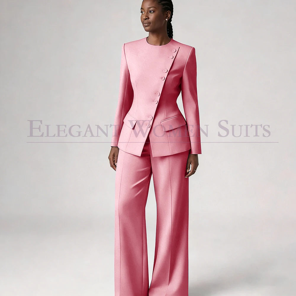 Costume de mode pour femme, blazer à simple boutonnage, col rond, longueur standard, ensemble 2 pièces veste et pantalon, tenue formelle de luxe