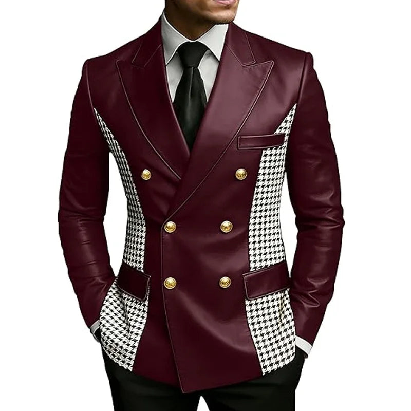 Blazer en cuir marron pour homme avec côtés à motif pied-de-poule, vintage, bicolore, double boutonnage, coupe ajustée, boutons dorés, veste de smoking en cuir