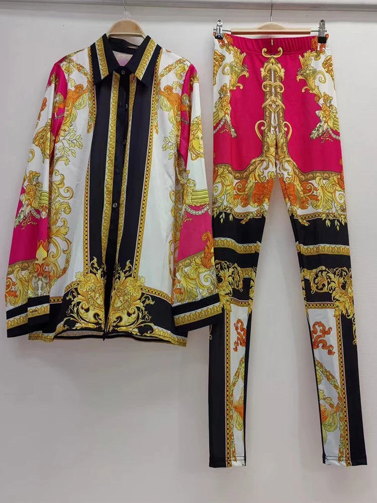 Chemise à manches longues à revers imprimé rétro pour femmes, nouveau costume + taille élastique, pantalon slim, pieds élastiques, costume deux pièces à la mode, printemps 2025