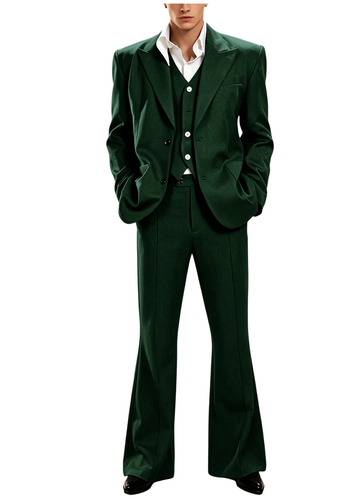 Ensemble de costume 3 pièces vintage pour homme, revers pointu, coupe ajustée, blazer croisé à 2 boutons, gilet et pantalon évasé pour occasions formelles, affaires et mariages