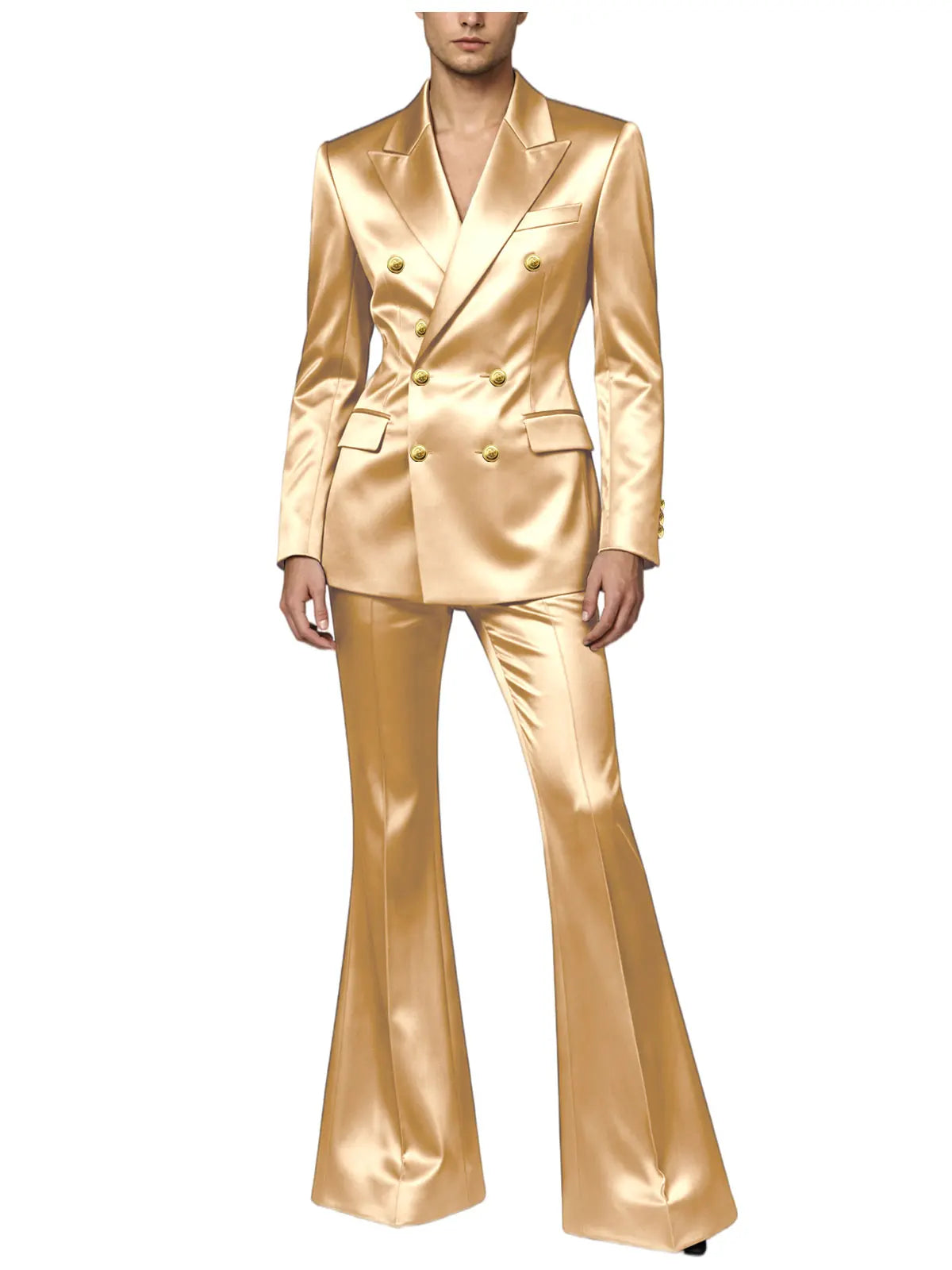 Ensemble de costume satiné croisé pour homme, 2 pièces, revers cranté, blazer à boutons dorés, pantalon évasé, tenue formelle pour mariage, bal de promo, soirée, ou marié