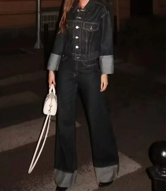 Veste en jean à simple boutonnage pour femme, pantalon taille haute, pantalon large à fermeture éclair, mode rétro, imbibé, épissage, poche, ensemble 2 pièces