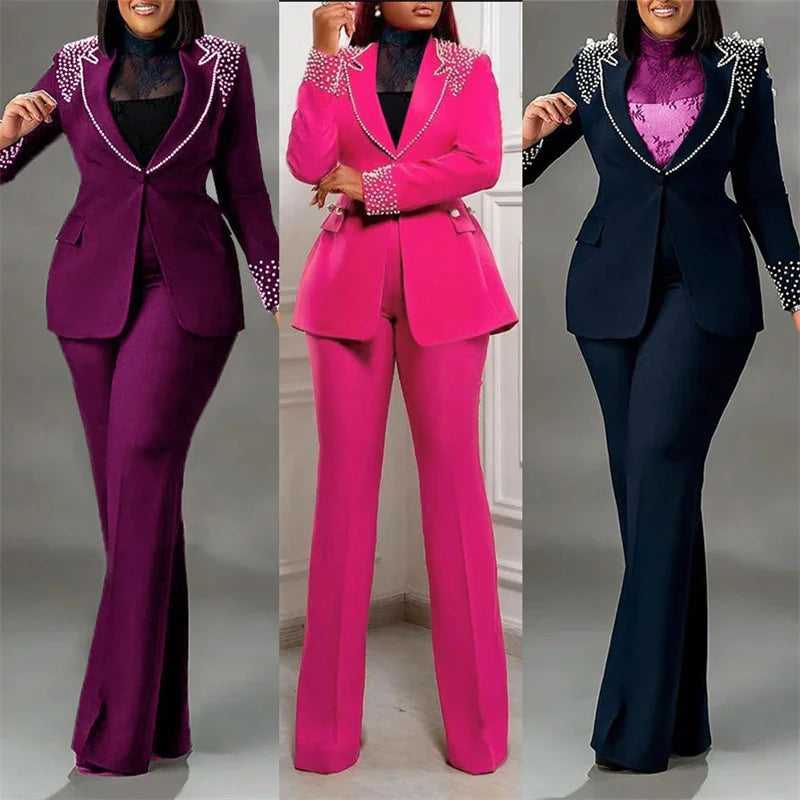 Blazer et pantalon à jambes larges pour femmes, ensembles assortis, manteau en perles d'affaires, olympiques formels élégants, luxe, dame de bureau, club, ensemble de 2 pièces