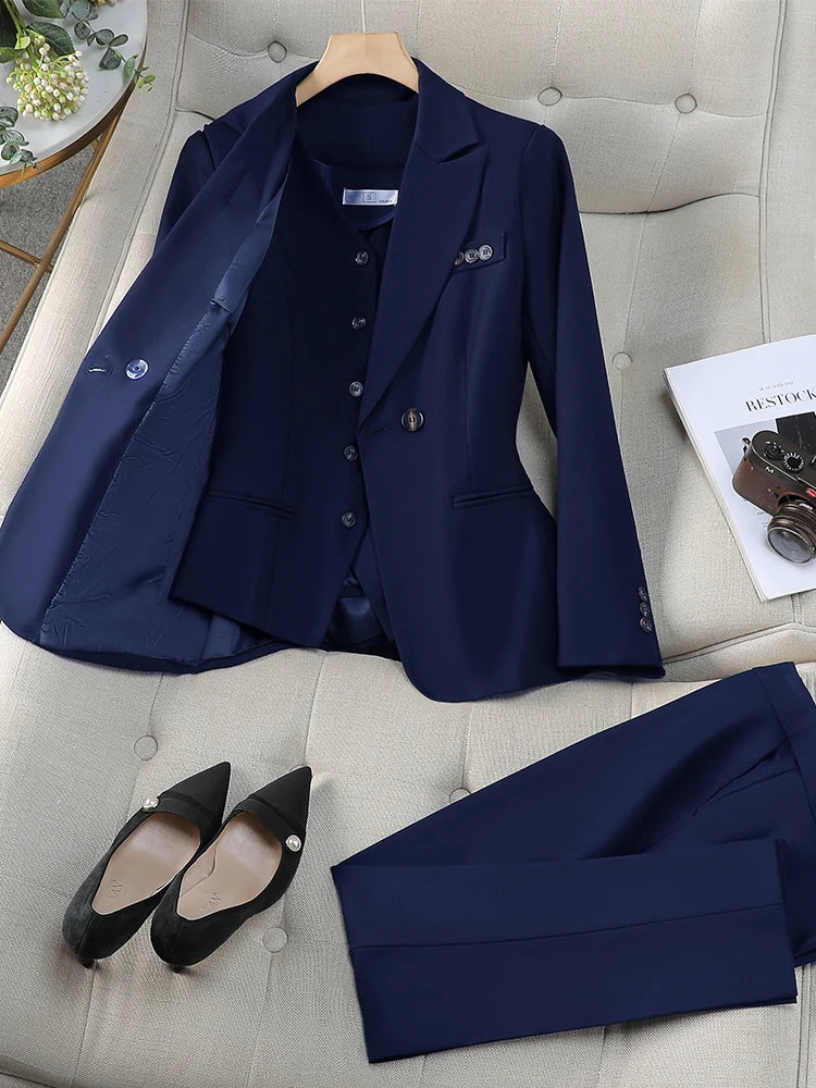 Ensemble blazer et pantalon pour femme, tenue de travail, de carrière, formel, rose, bleu, abricot, 3 pièces
