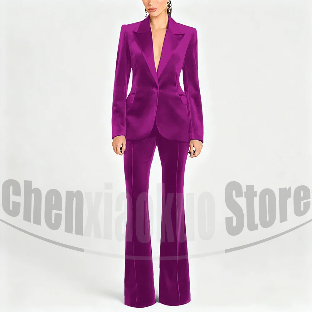 Ensemble de costume en velours pour femmes, Blazer à un bouton et pantalon évasé, vêtements de cérémonie élégants pour soirée, bal, tenue Slim, deux pièces