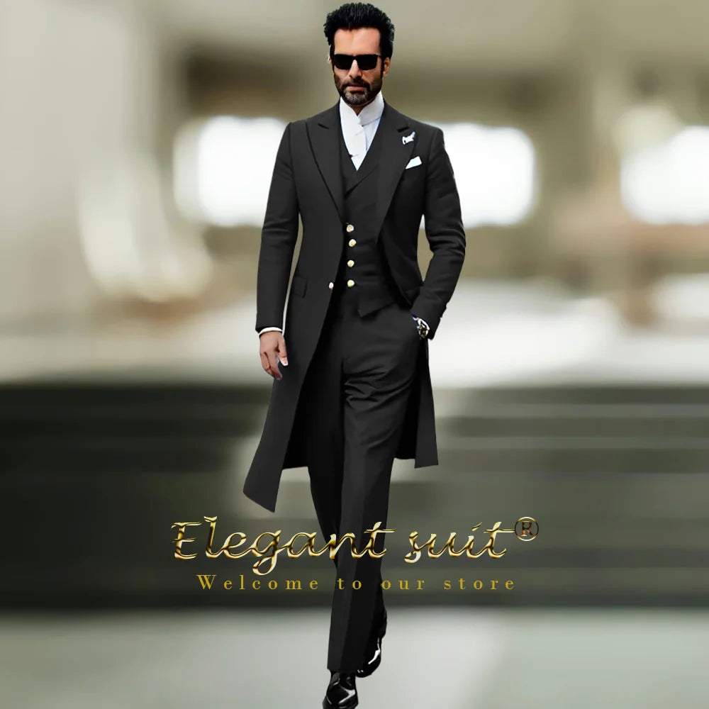 Costume long à revers de pistolet pour hommes, gilet et pantalon, costume 3 pièces, costume ajusté élégant personnalisé pour fête, banquet, célébration, mariage