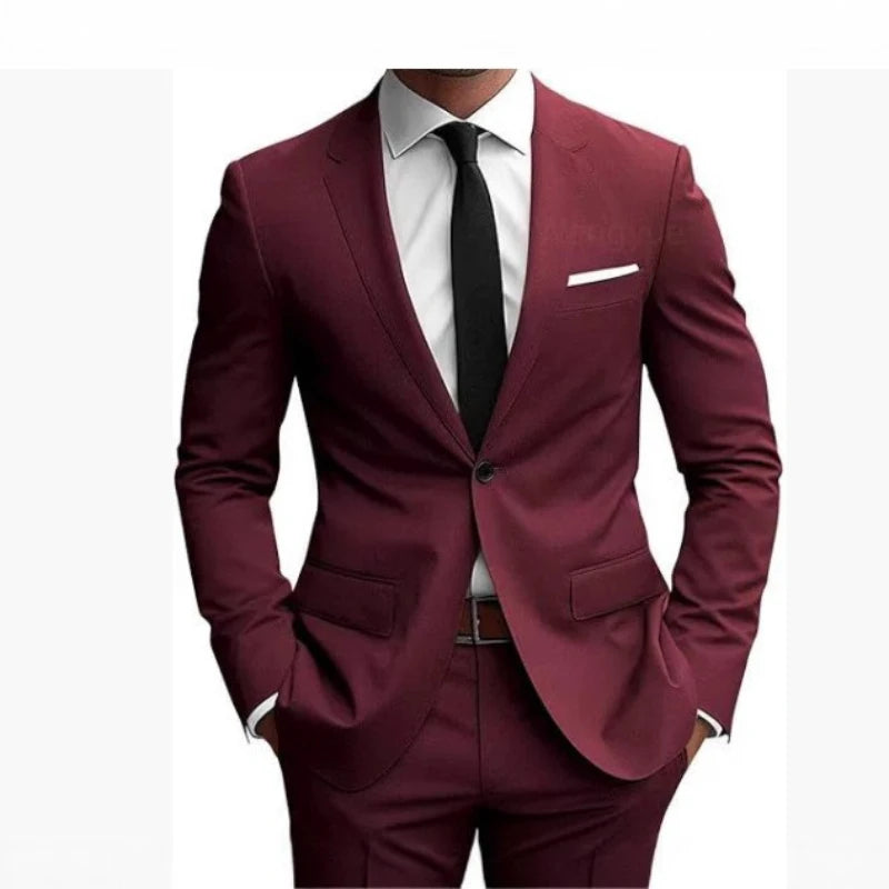 Ensemble de costumes deux pièces pour hommes – Blazer à col rabattu et manches longues, pantalon uni, coupe ajustée – Idéal pour affaires et soirées – Collection Printemps 2026