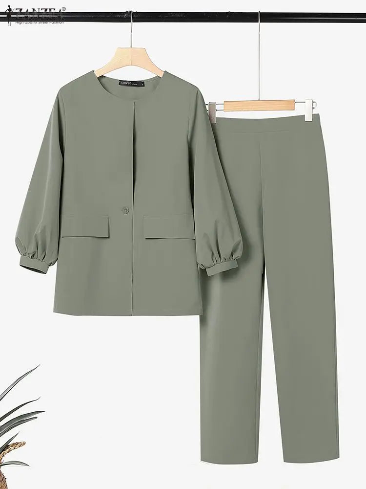 Femmes mode 2 pièces pantalon ensembles élégant col rond lanterne manches vêtements d'extérieur et crayon pantalon costumes ZANZEA printemps 2026 femme tenues