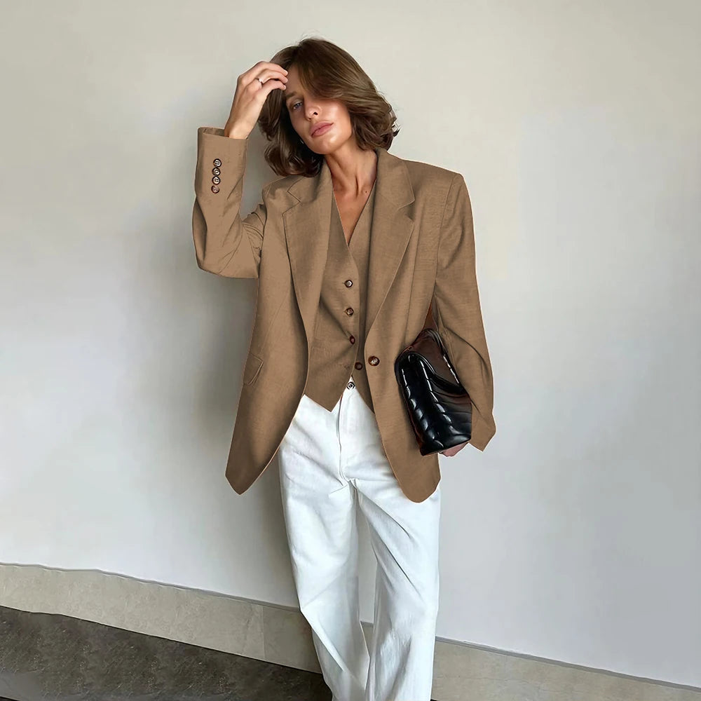 Slim Fit Women's Suits Linen Three Pieces Pant Sets High-end Single Button Notch Lapel Blazer Elegant Daily Business Office Wear