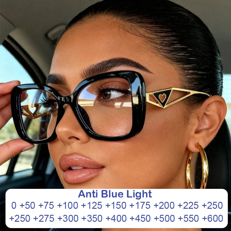 Lunettes de lecture carrées surdimensionnées de marque de luxe pour femmes, monture triangulaire en forme de cœur, lunettes anti-lumière bleue, lunettes d'ordinateur transparentes