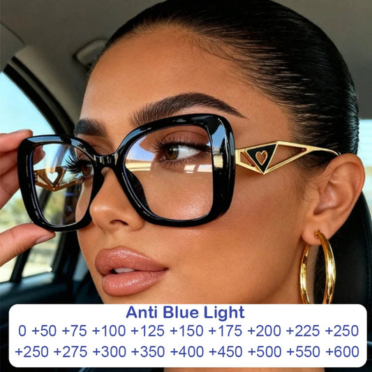 Lunettes de lecture carrées surdimensionnées de marque de luxe pour femmes, monture triangulaire en forme de cœur, lunettes anti-lumière bleue, lunettes d'ordinateur transparentes
