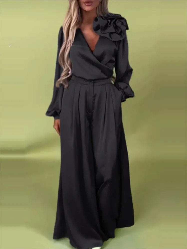 Costume décontracté de couleur unie pour femmes, magnifique et élégant, col en v, haut à manches longues, pantalon à jambes larges, ensemble deux pièces