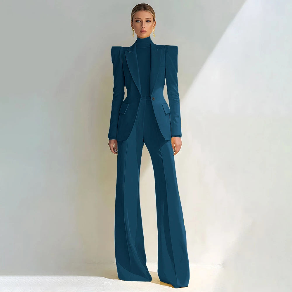 Costume rouge professionnel pour femmes, revers à pointe, bouton unique, Blazer élégant et pantalon évasé, ensemble 2 pièces, vêtements de bureau formels