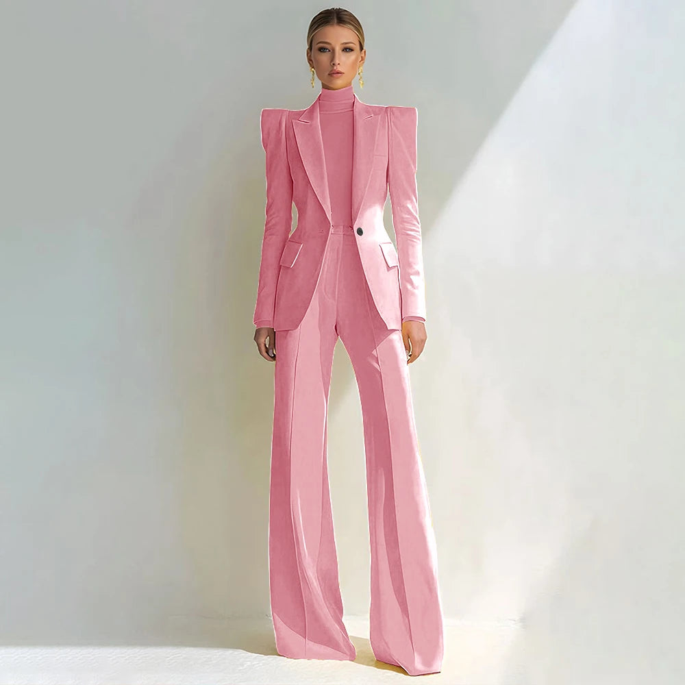 Costume rouge professionnel pour femmes, revers à pointe, bouton unique, Blazer élégant et pantalon évasé, ensemble 2 pièces, vêtements de bureau formels