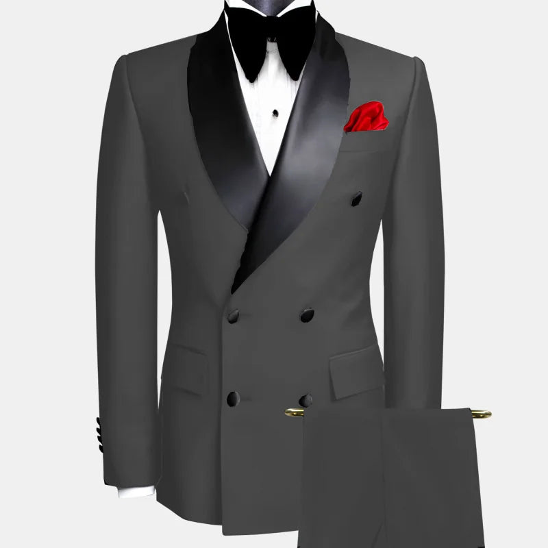 Veste et pantalon noirs trempés à double bouton pour hommes, revers noir, mariage, marié, affaires, anniversaire, banquet, travail, 2 pièces