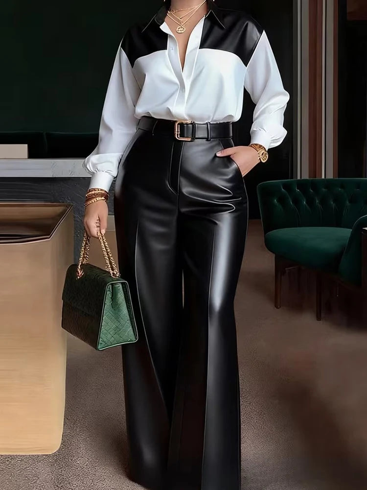 Ensemble deux pièces élégant pour femme : haut à col rabattu et manches longues avec pantalon large en similicuir – Collection Printemps-Automne 2026