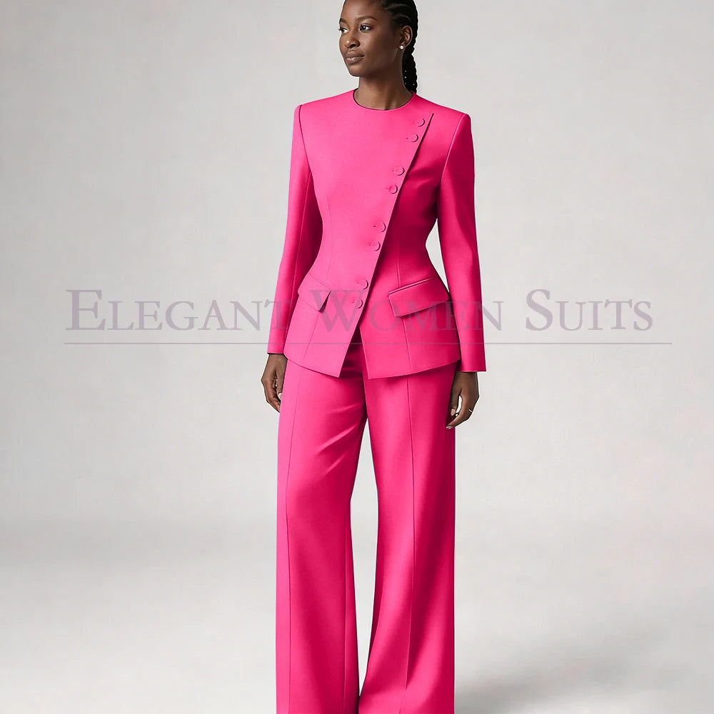 Costume de mode pour femme, blazer à simple boutonnage, col rond, longueur standard, ensemble 2 pièces veste et pantalon, tenue formelle de luxe