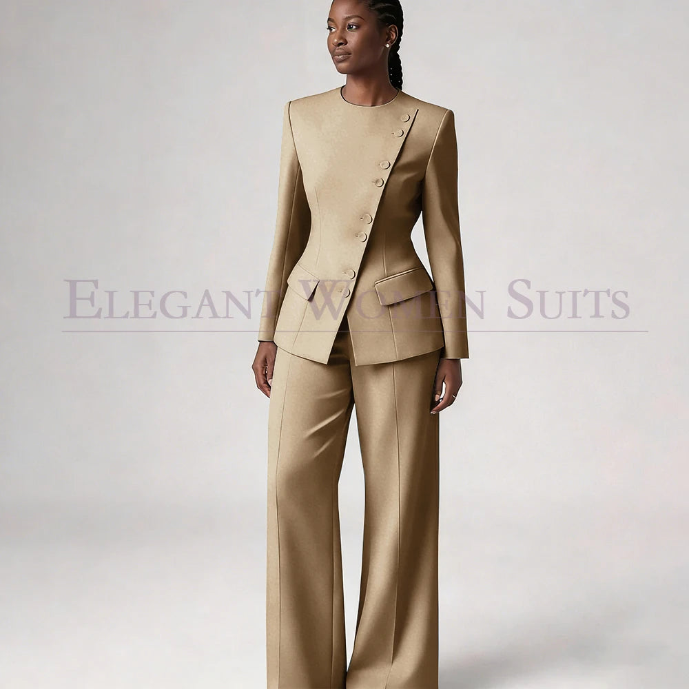 Costume de mode pour femme, blazer à simple boutonnage, col rond, longueur standard, ensemble 2 pièces veste et pantalon, tenue formelle de luxe