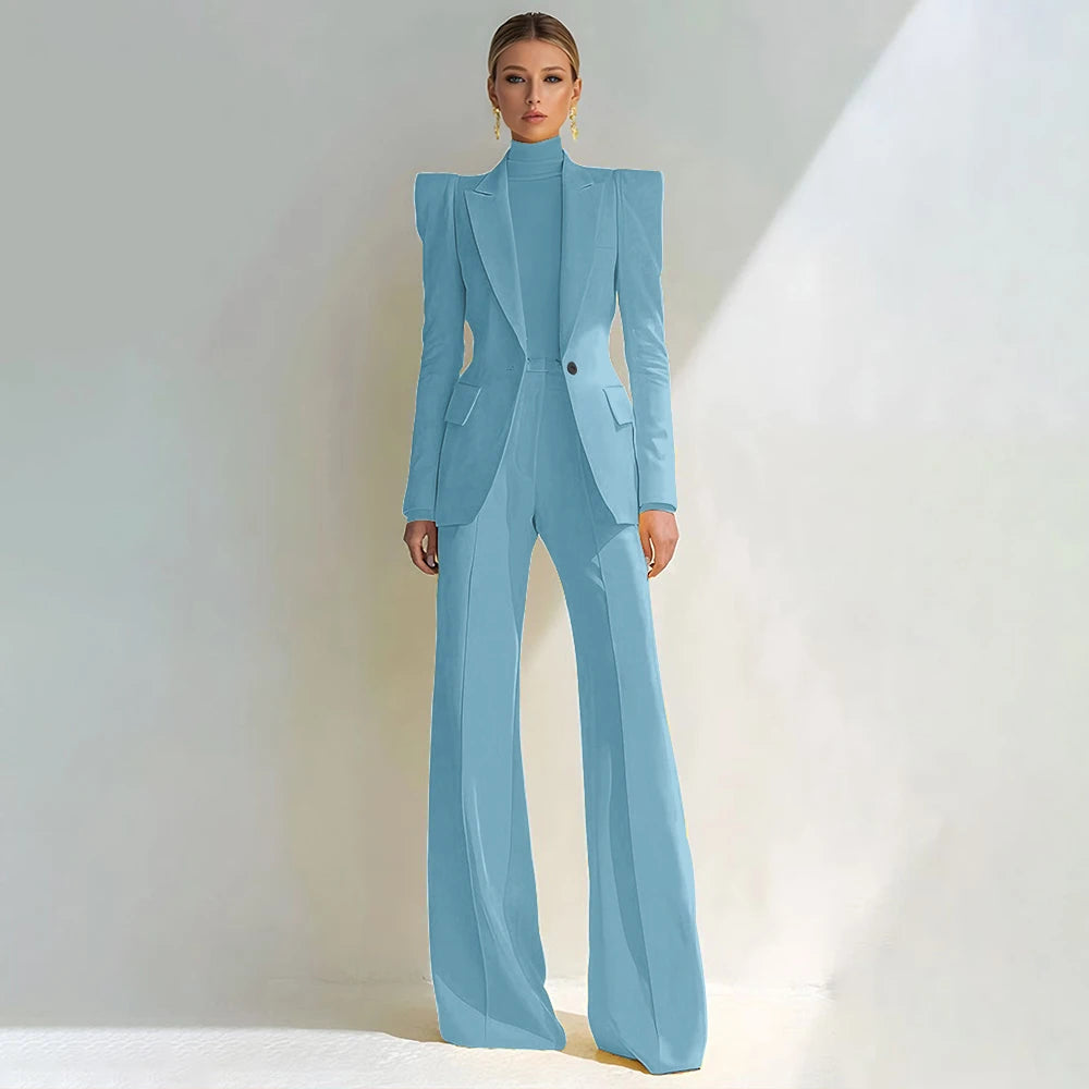 Costume rouge professionnel pour femmes, revers à pointe, bouton unique, Blazer élégant et pantalon évasé, ensemble 2 pièces, vêtements de bureau formels