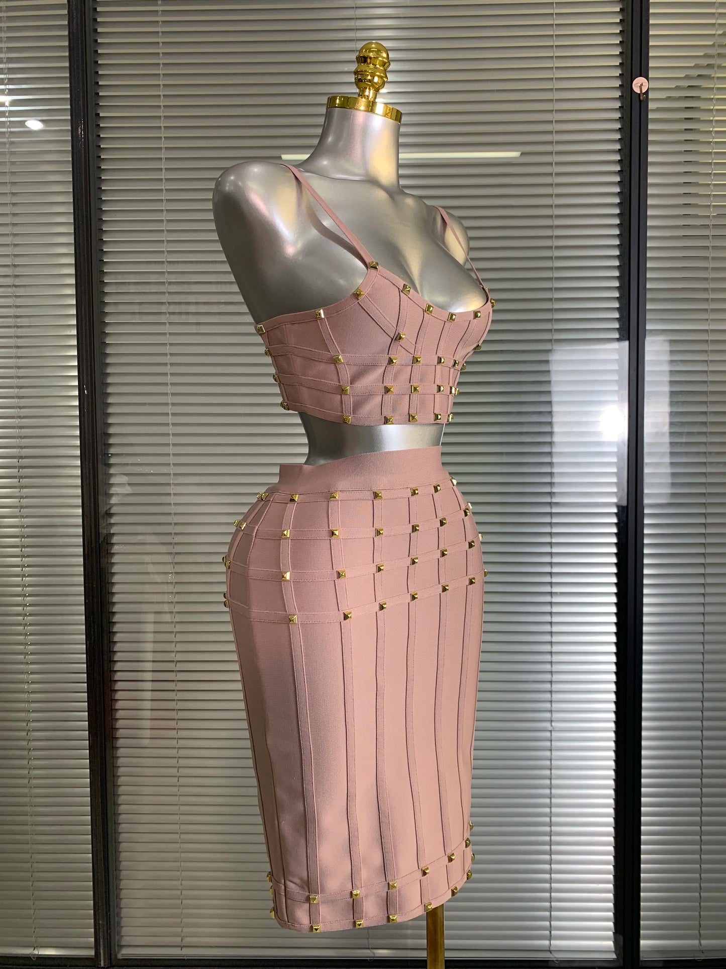 Été nouveau 2025 femmes Sexy rose Rivet pansement deux pièces ensemble célébrité soirée jupe costumes