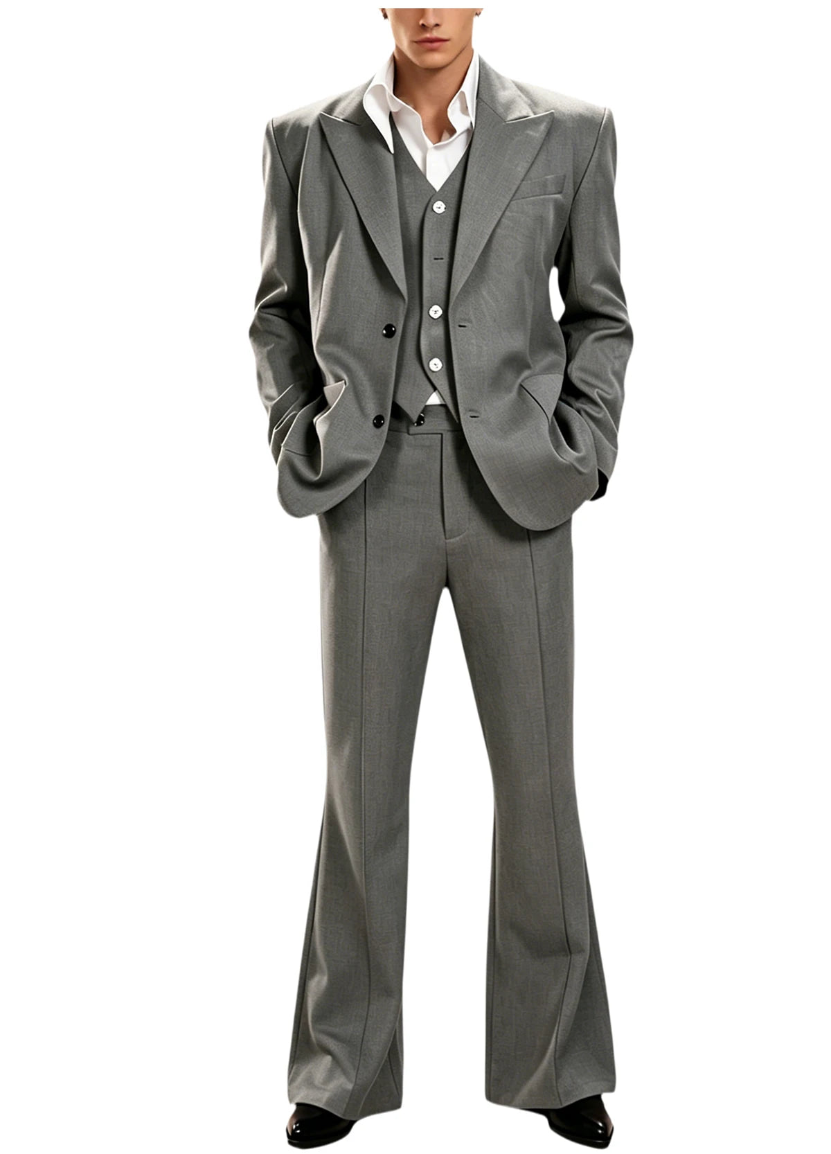 Ensemble de costume 3 pièces vintage pour homme, revers pointu, coupe ajustée, blazer croisé à 2 boutons, gilet et pantalon évasé pour occasions formelles, affaires et mariages