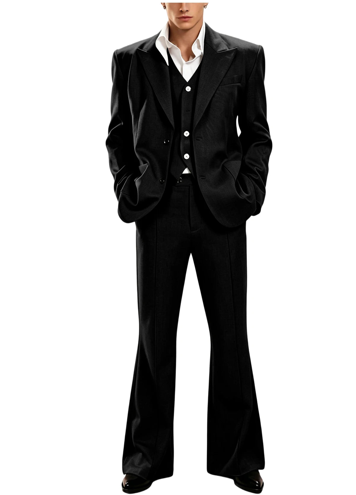Ensemble de costume 3 pièces vintage pour homme, revers pointu, coupe ajustée, blazer croisé à 2 boutons, gilet et pantalon évasé pour occasions formelles, affaires et mariages
