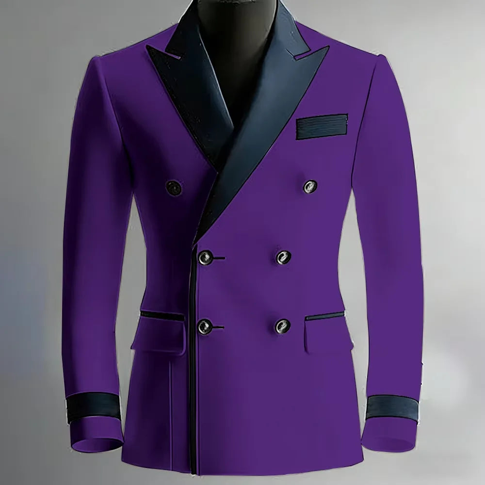 Blazer de costume élégant pour homme en serge, classique, croisé, coupe ajustée, avec revers à pointe noirs, veste formelle pour affaires, décontracté ou soirée