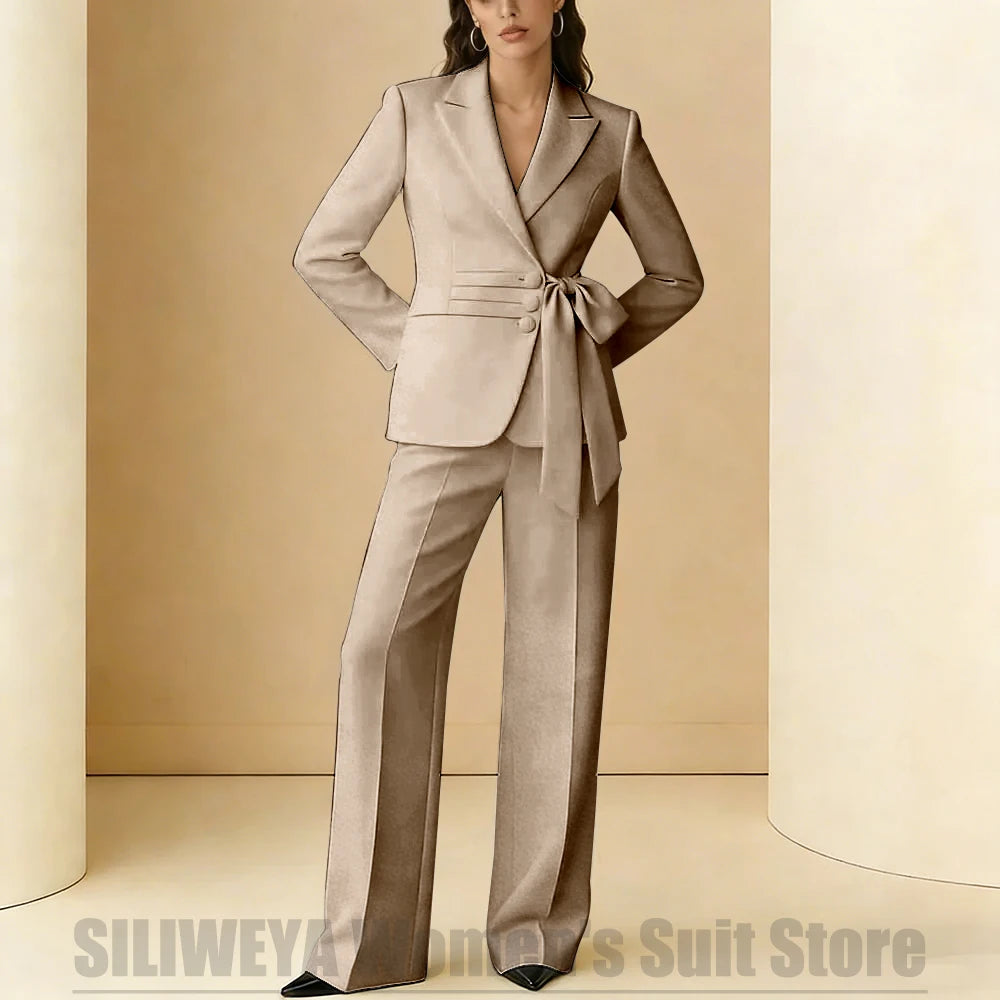 Costume 2 pièces pour femmes, Design avec ceinture à nœud, tenue formelle pour fête de mariage, bal de promo, bureau, mode, revers, costumes quotidiens décontractés pour dames