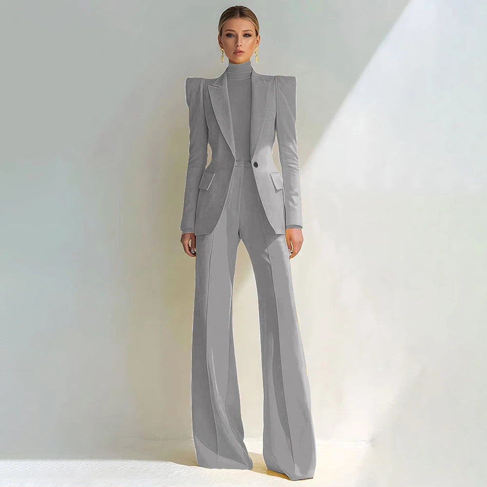 Costume rouge professionnel pour femmes, revers à pointe, bouton unique, Blazer élégant et pantalon évasé, ensemble 2 pièces, vêtements de bureau formels